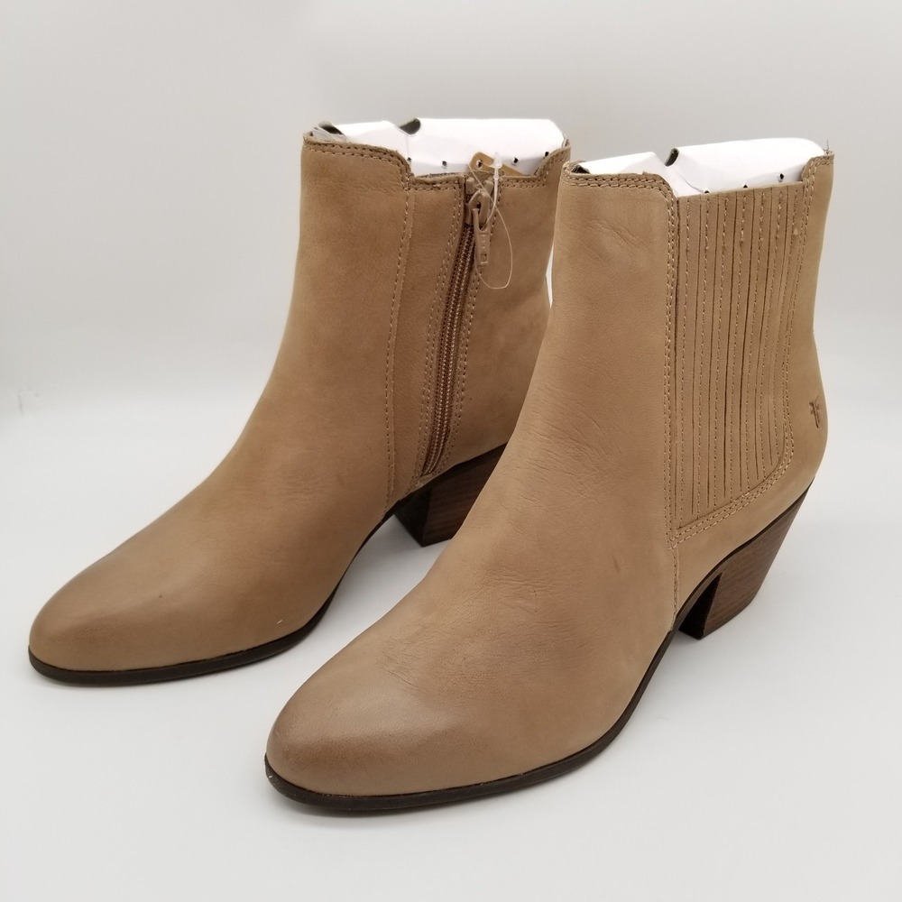 Frye Women Sandra Ankle Boots Booties Sz 9 M Taupe Leather Side Zip Block Heel